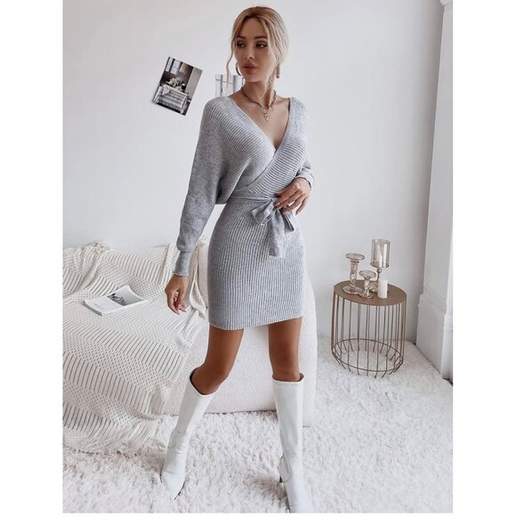 Womens Gray Batwing Sleeve Wrap Sweater Dress Belted Cutout Back size Large - Picture 4 of 15